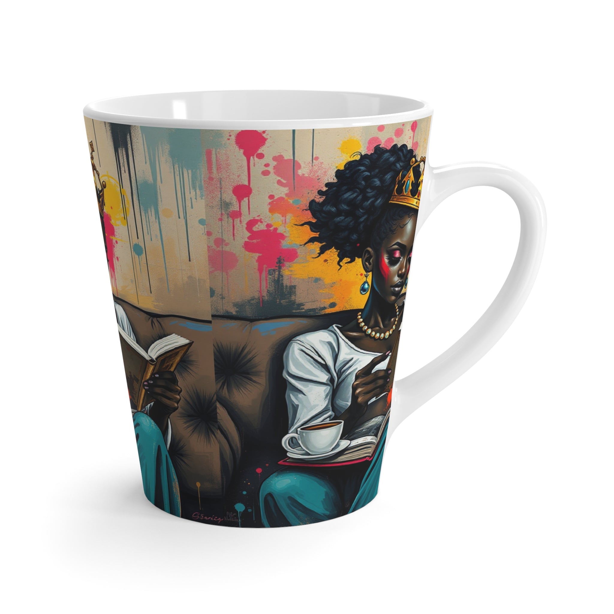 Artistic Latte Mug with Regal Readers, Unique Coffee Cup, Black Queen Decor, Vibrant Gift for Book Lovers, Home & Kitchen Accents