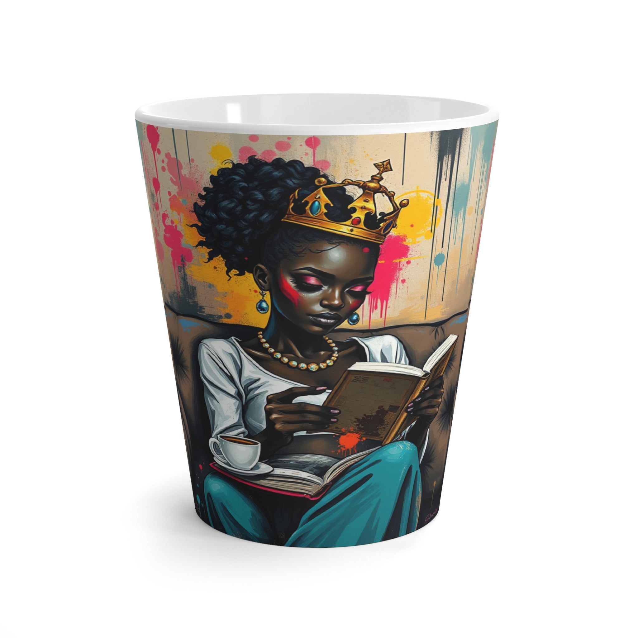 Artistic Latte Mug with Regal Readers, Unique Coffee Cup, Black Queen Decor, Vibrant Gift for Book Lovers, Home & Kitchen Accents