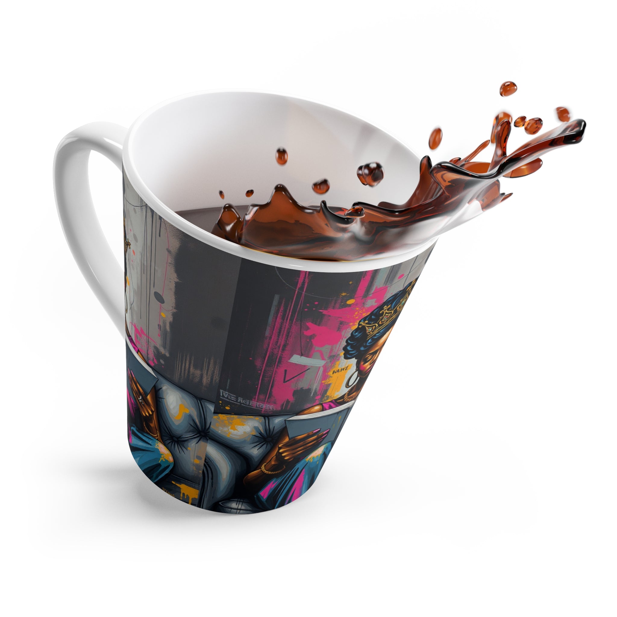 Elegant Crowned Queen Latte Mug, Unique Coffee Cup, Artistic Drinkware, Gift for Her, Stylish Home Decor