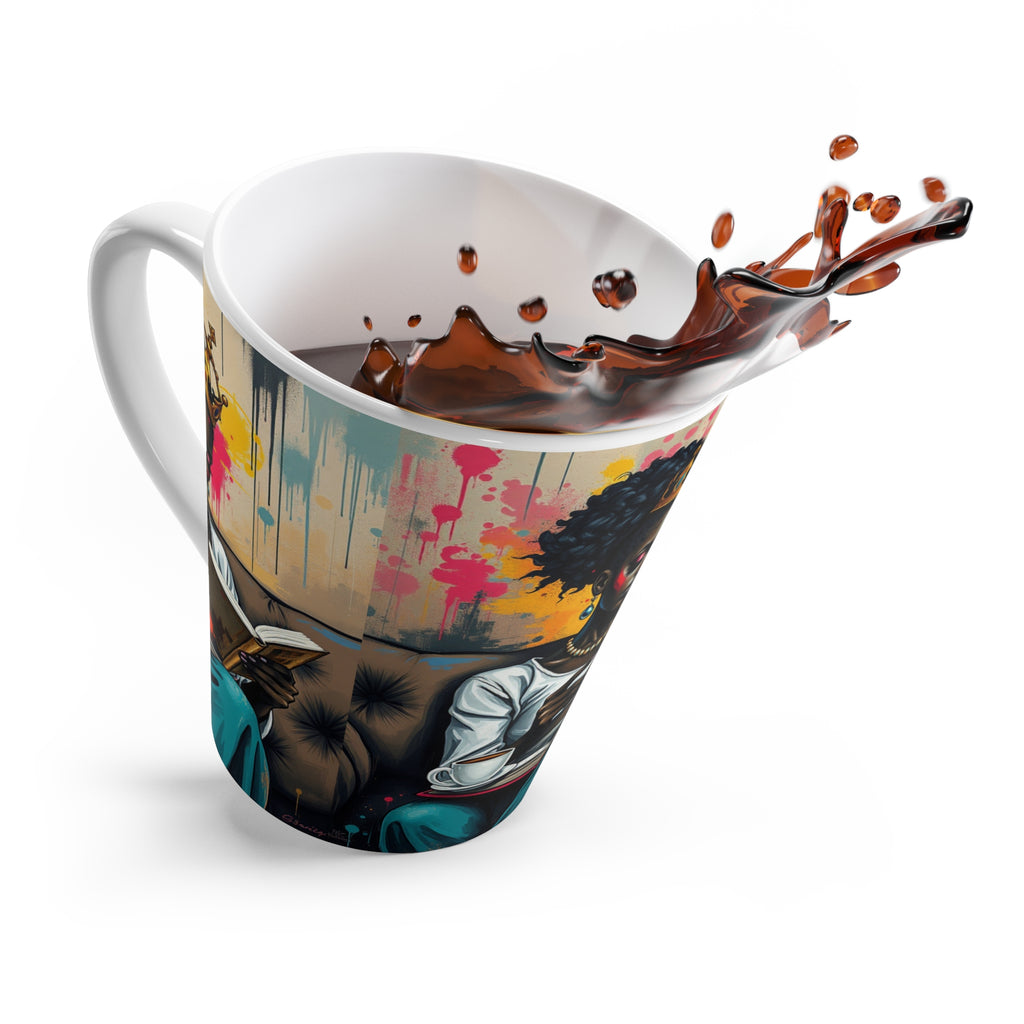 Artistic Latte Mug with Regal Readers, Unique Coffee Cup, Black Queen Decor, Vibrant Gift for Book Lovers, Home & Kitchen Accents