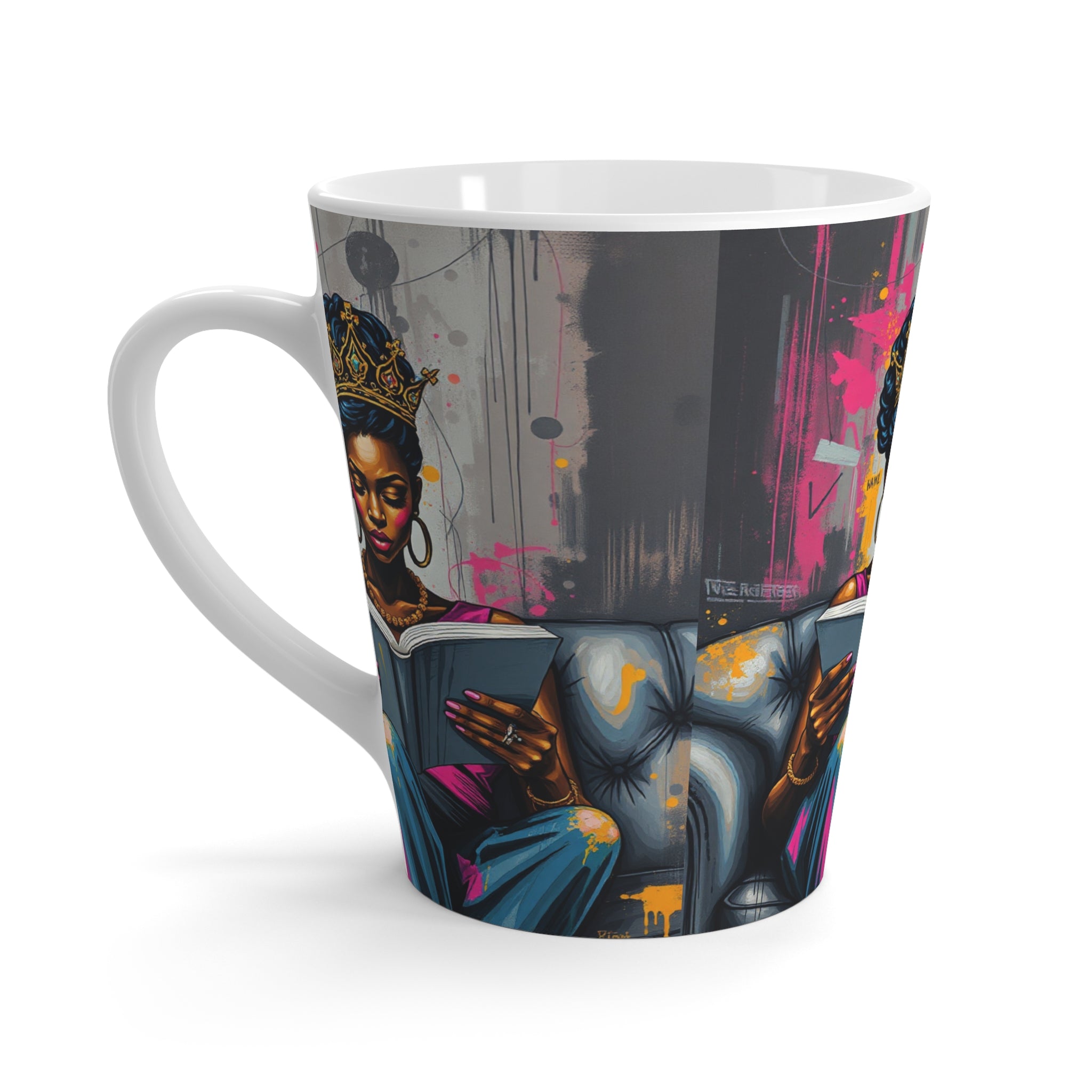 Elegant Crowned Queen Latte Mug, Unique Coffee Cup, Artistic Drinkware, Gift for Her, Stylish Home Decor