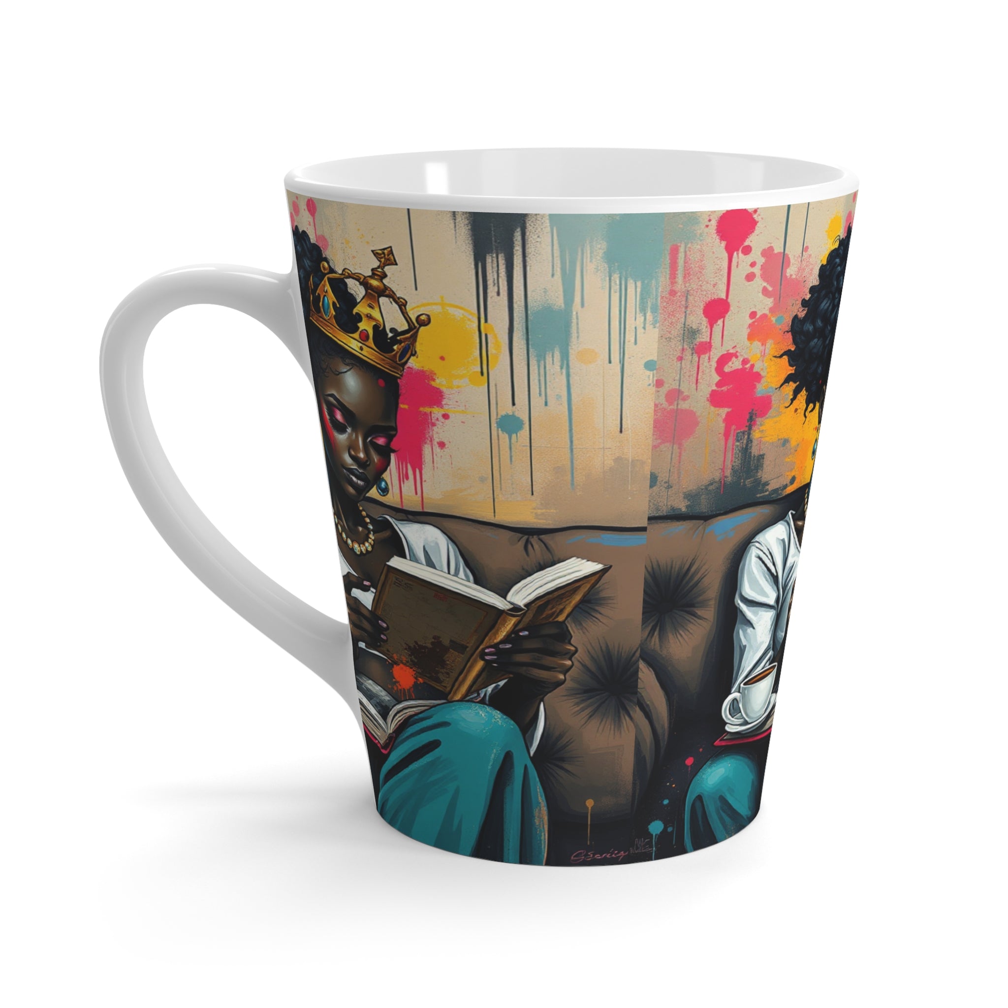 Artistic Latte Mug with Regal Readers, Unique Coffee Cup, Black Queen Decor, Vibrant Gift for Book Lovers, Home & Kitchen Accents